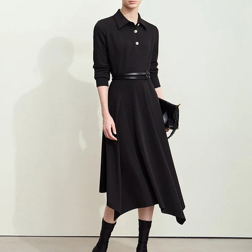 Minimalism Half Cardigan Dresses Women 2025 Autumn New Lapel Irregular Swing Waist Long Elegant Dress For Lady 12423070