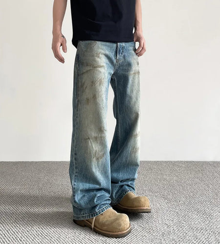 American Male Jeans High Street Design Tie Dye Make Old Style Denim Pants Slight Flared Fashion Men's Trousers 9W1481
