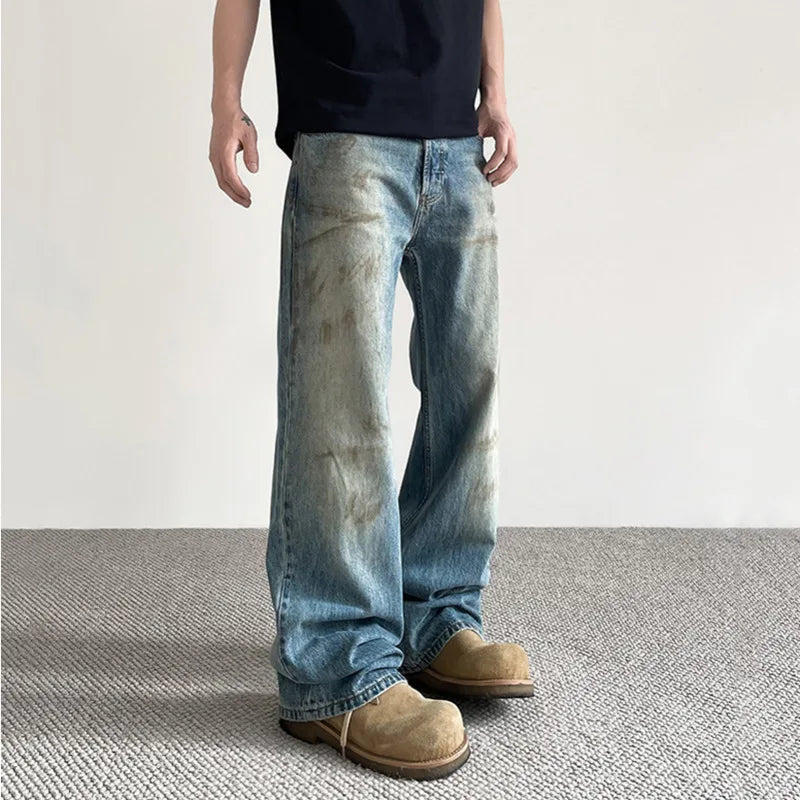 American Male Jeans High Street Design Tie Dye Make Old Style Denim Pants Slight Flared Fashion Men's Trousers 9W1481