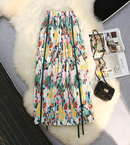 Vintage Print Skirts Womens Summer Elastic High Waist A-line Skirt Female All-match Fashion Elegant Slim Midi Skirt Ladies