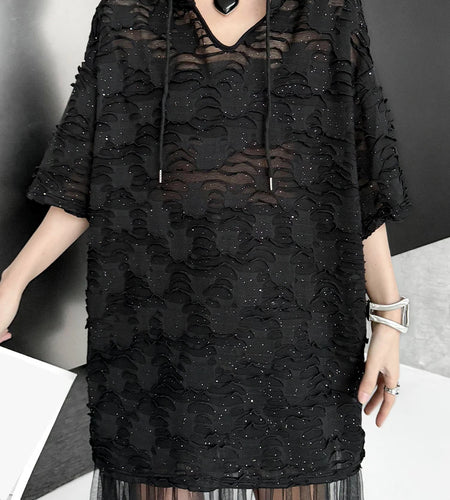 Women Black Jacquard Perspective Big Size Casual T-shirt New Hooded Half Sleeve Fashion Tide Spring Summer 2025 1DJ1160