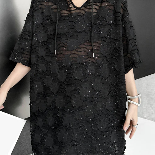 Load image into Gallery viewer, Women Black Jacquard Perspective Big Size Casual T-shirt New Hooded Half Sleeve Fashion Tide Spring Summer 2025 1DJ1160
