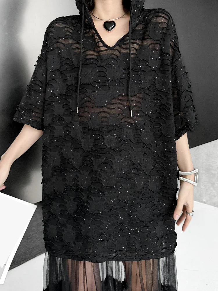 Women Black Jacquard Perspective Big Size Casual T-shirt New Hooded Half Sleeve Fashion Tide Spring Summer 2025 1DJ1160