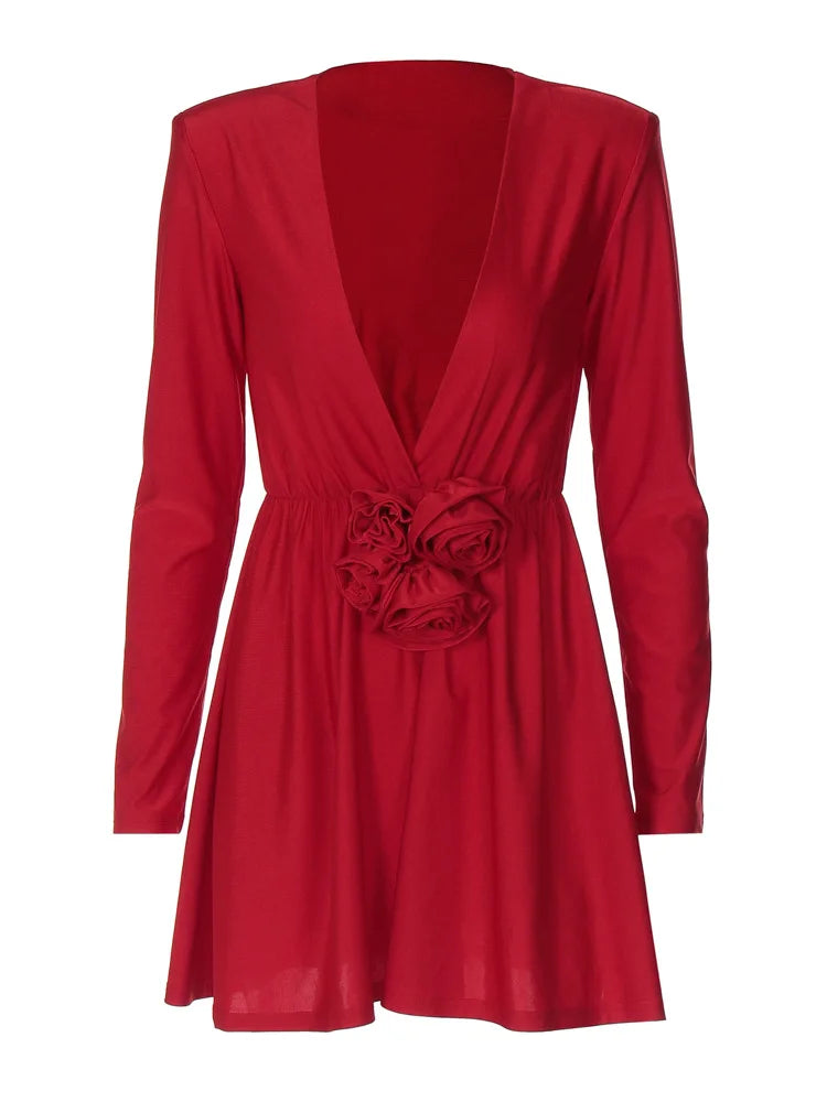 Sexy Deep V Long Sleeved 3D Floral Dress For Women 2024 Autumn New Fashion Pullover Skinny Mini Dress Party Clubwear