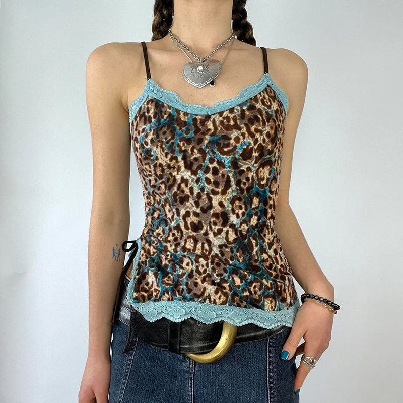 Asymmetrical Vintage Sexy Lace Top Camisole Drawstring Y2K Aesthetic Party Summer Crop Tops Women Leopard Transparent