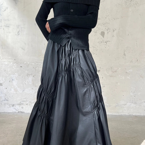 Load image into Gallery viewer, Solid Loose Leather Skirts For Women High Waist Patchwork Folds Irregular Streetwear A Line Skirt Female Fashion
