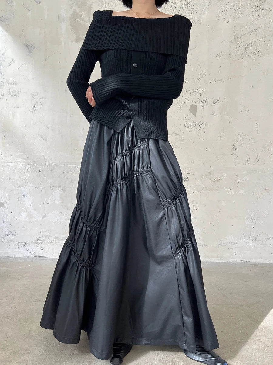 Solid Loose Leather Skirts For Women High Waist Patchwork Folds Irregular Streetwear A Line Skirt Female Fashion