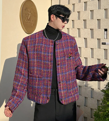 Niche Design Men's Tweed Jackets Casual Round Collar Metal Heart Decoration Single Breasted Loose Male Coats Winter 9C8837