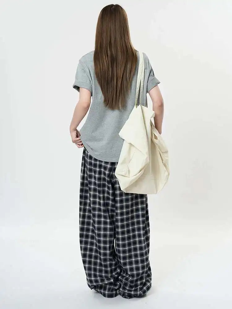 High Elastic Waist Blue Plaid Drawstring Long Wide Leg Pants New Trousers Women Fashion Tide Spring Autumn 2025 1DH9462