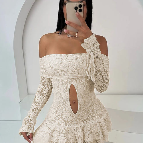 Load image into Gallery viewer, Floral Print Slash Neck Long Sleeve Lace Up Hollow Out Sexy Slim Pleated Mini Dress Women Elegant Outfit Party Festival
