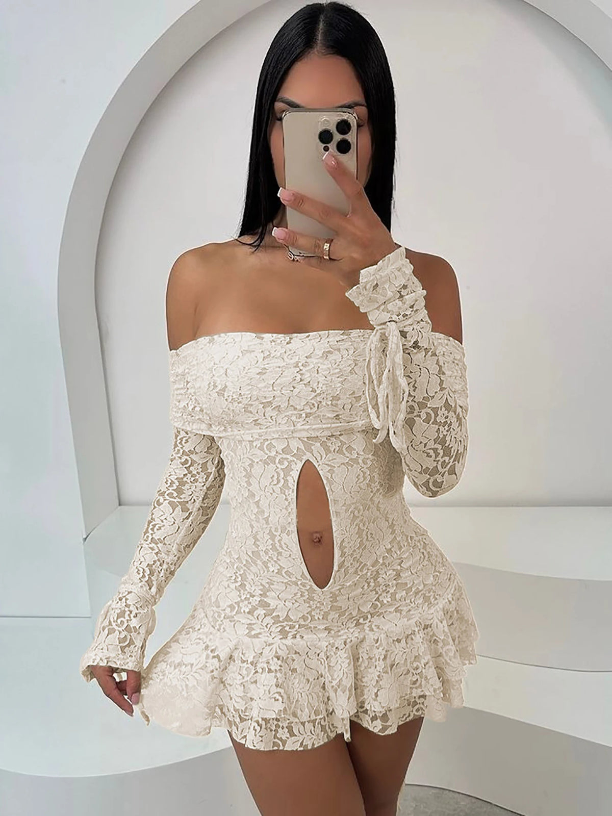 Floral Print Slash Neck Long Sleeve Lace Up Hollow Out Sexy Slim Pleated Mini Dress Women Elegant Outfit Party Festival