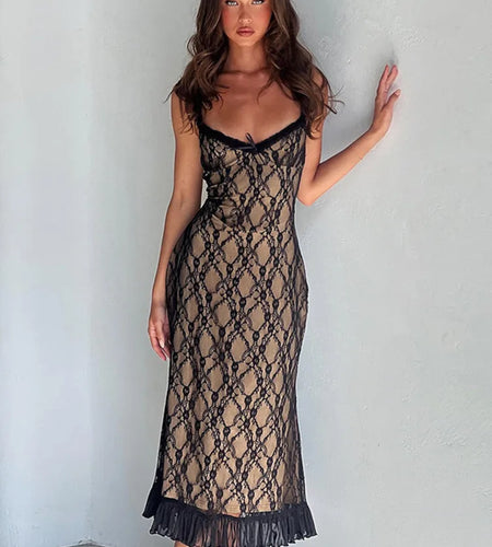 Elegant Lace Print Sexy Maxi Dress For Women Spaghetti Strap Sleeveless Backless Bodycon Club Party Sexy Long Dress