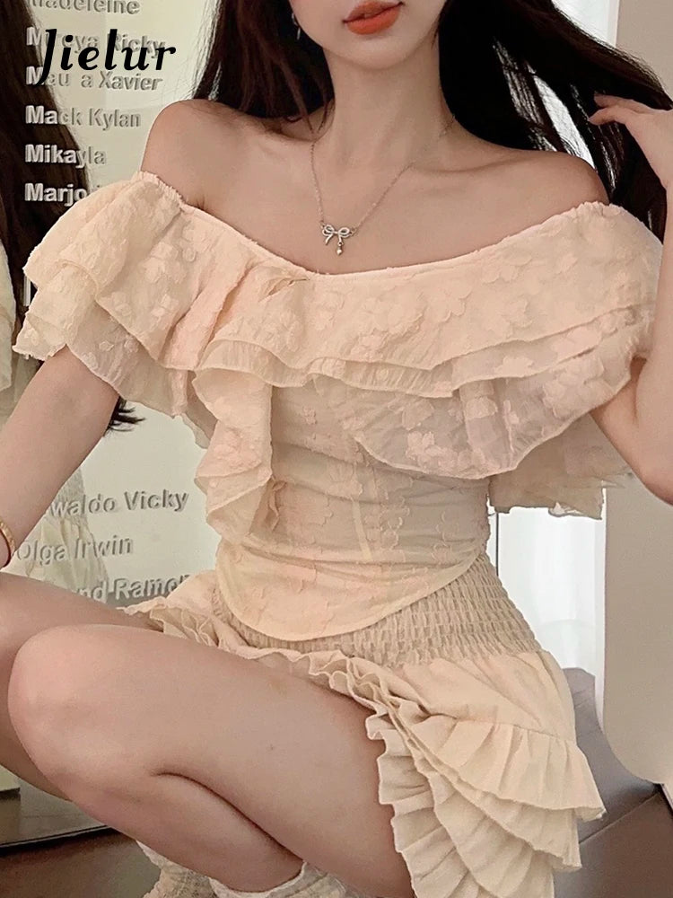 Slash Neck Lace Irregular Ruffles Fashion Women's Blouses Summer Solid Color Slim V-neck Chic Female Blouse Office Ladies