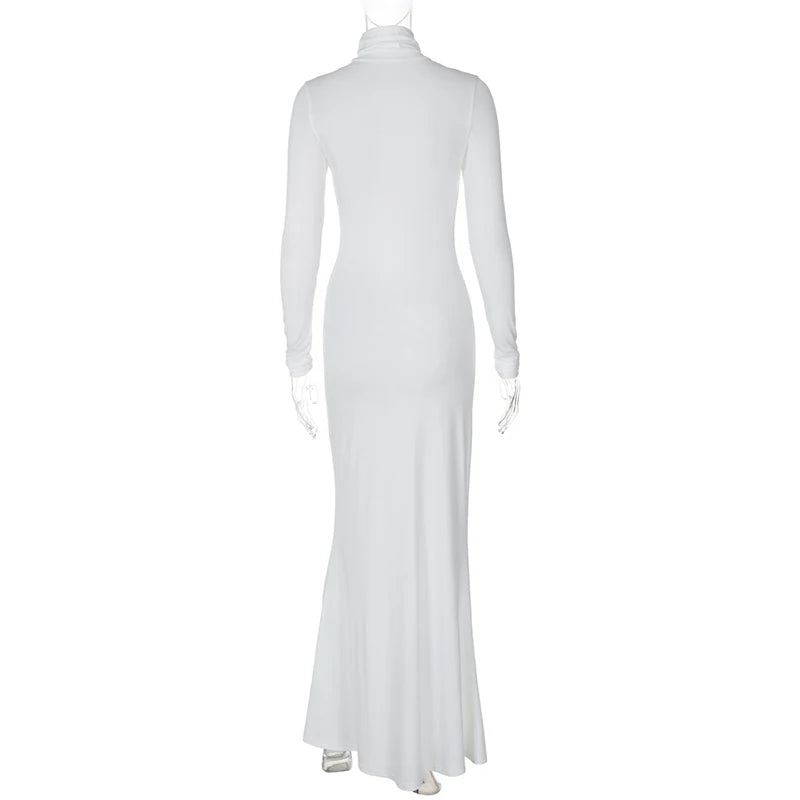 Turtleneck Long Sleeve Maxi Dress Women Gown Autumn Winter New Solid Sexy Long Dress Femme Fashion Floor-length Dress