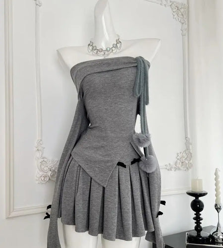 Women Gray Off Shoulder Long Sleeve Split Knit Sweater Tops And High Waist Pleated Short Skirt 2024 Autumn Winter Two Piece Set