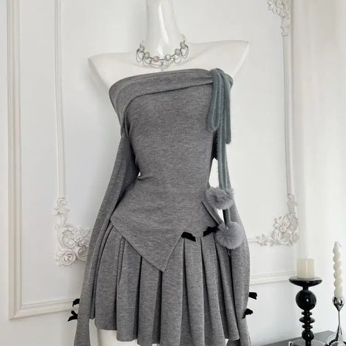 Load image into Gallery viewer, Women Gray Off Shoulder Long Sleeve Split Knit Sweater Tops And High Waist Pleated Short Skirt 2024 Autumn Winter Two Piece Set
