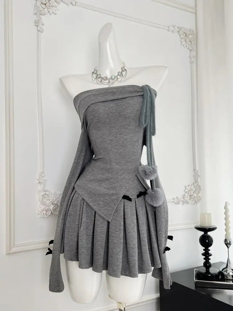 Women Gray Off Shoulder Long Sleeve Split Knit Sweater Tops And High Waist Pleated Short Skirt 2024 Autumn Winter Two Piece Set