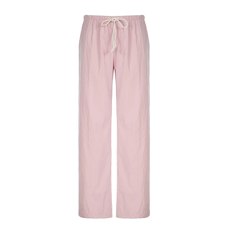 Casual Loose Solid Drawstring Basic Women Pants Homewear Korean All-Match Full Length Trousers Pink Sweet Capris New