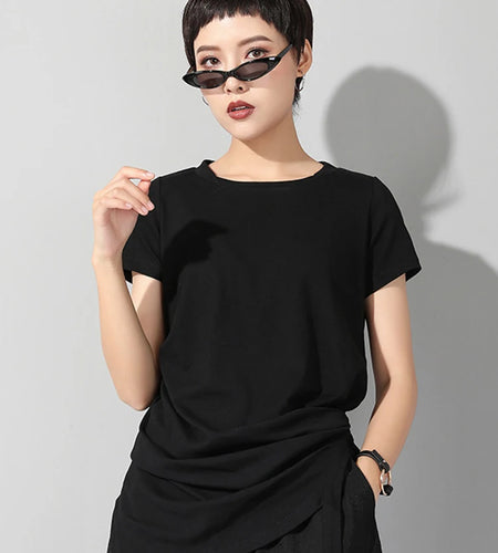 Women Black Irregular Hem Pleated Casual T-shirt New Round Neck Short Sleeve Fashion Tide Spring Summer 2025 1DJ1766