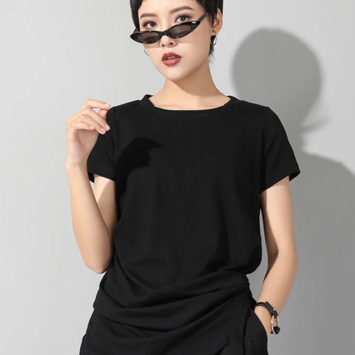 Load image into Gallery viewer, Women Black Irregular Hem Pleated Casual T-shirt New Round Neck Short Sleeve Fashion Tide Spring Summer 2025 1DJ1766

