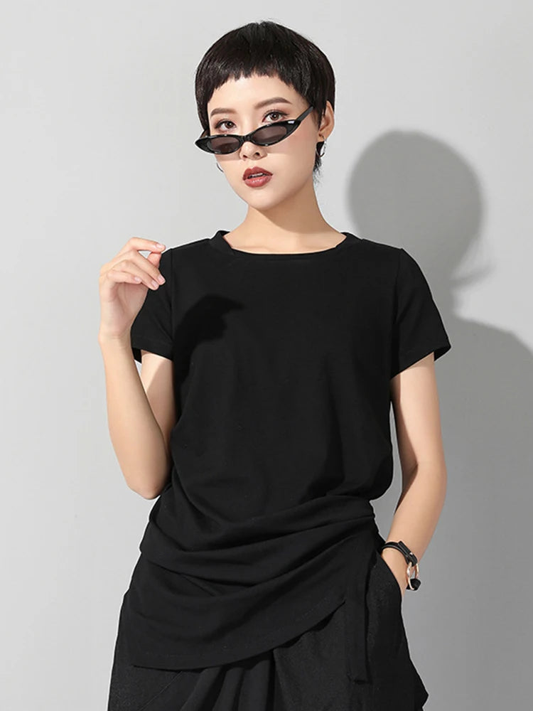 Women Black Irregular Hem Pleated Casual T-shirt New Round Neck Short Sleeve Fashion Tide Spring Summer 2025 1DJ1766
