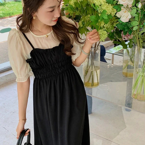 Load image into Gallery viewer, Fake Two Pieces French Style Chic Dresses Black Slim Waist Puff Sleeve Spell Color Chiffon Women Dress Elegant Streetwear
