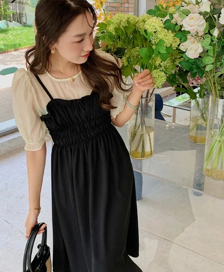 Fake Two Pieces French Style Chic Dresses Black Slim Waist Puff Sleeve Spell Color Chiffon Women Dress Elegant Streetwear