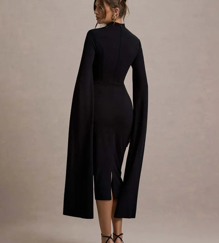 Elegant Long Sleeved Elastic Tight Dress For Women Autumn/Winter 2025 New Dress Sexy Long Slit Party Club Evening Dress