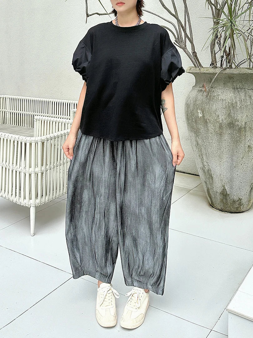 Women Black Drawstring Big Size Casual T-shirt New Round Neck Short Sleeve Fashion Tide Spring Summer 2025 1DJ1889