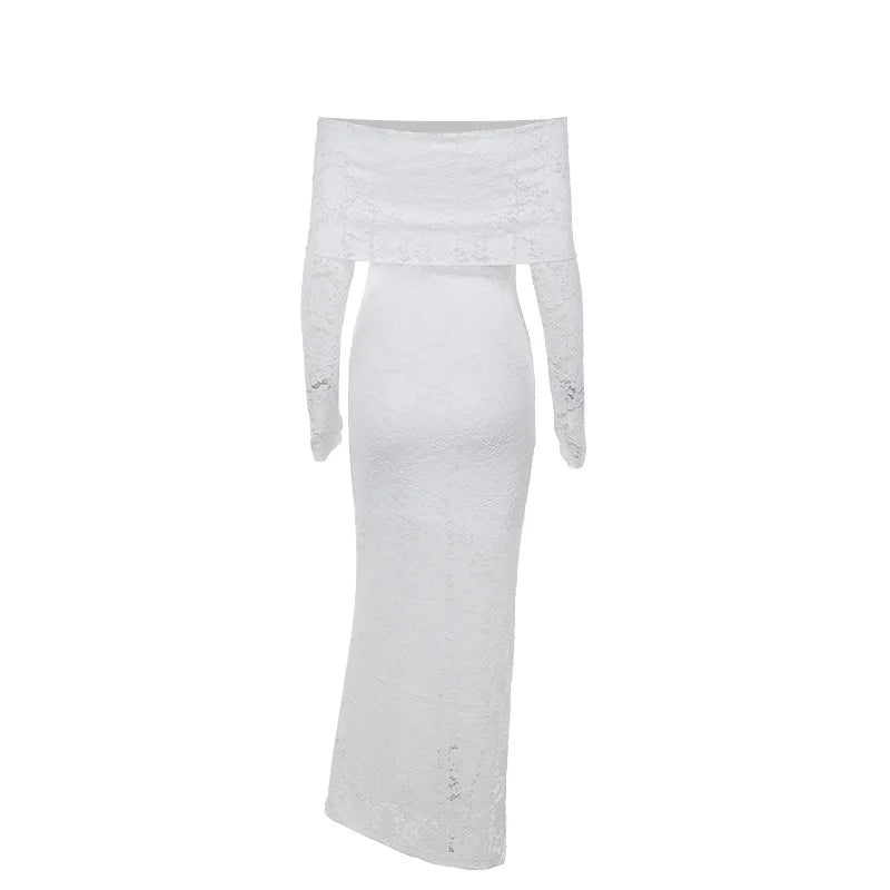 Lace Off-shoulder Sexy Maxi Dress For Women White Strapless Long Sleeve Backless Bodycon Club Party Sexy Long Dress