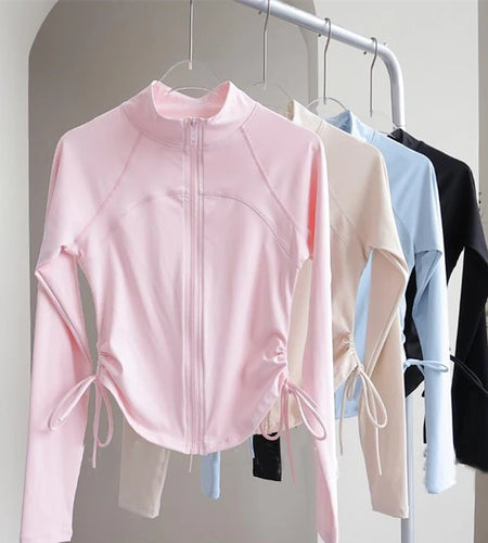 Women Clothes Full Zip Drawstring Sports Top Long Sleeve Gym Fitness Short Jackets Women Yoga Jacket