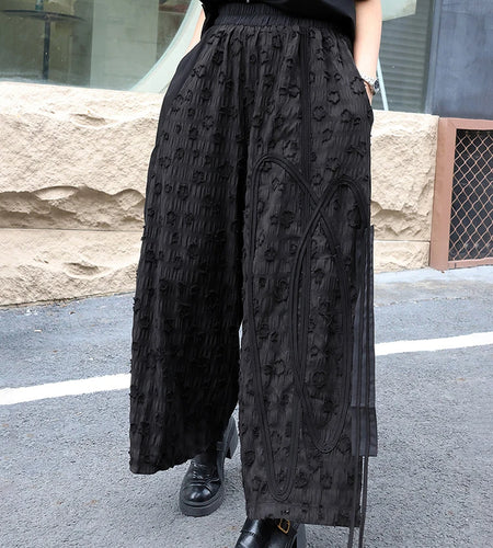 High Elastic Waist Black Jacquard Ribbon Long Wide Leg Pants New Trousers Women Fashion Tide Spring Autumn 2025 1DJ0569