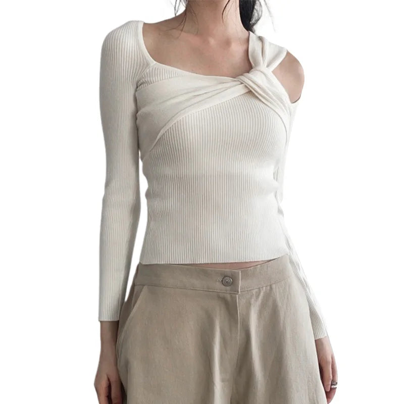 y2k Crop Tops Women Sexy Clothes Hollow Out Asymmetric Twist Front Square Neck Long Sleeve Knitted T Shirts Streetwear