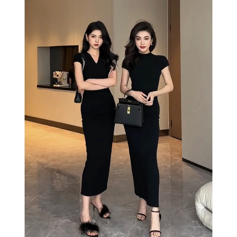 Women Fashion Sexy Midi Dress Summer Elegant V-neck Split Sleeveless Slim Dresses Streetwear High Waist Bodycon Vestidos Robes