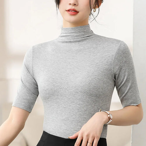 Load image into Gallery viewer, Half Turtleneck Milk Silk Tops Women Short Sleeve Slim T-Shirt Solid Color Basic Trend Bottoming Shirt High Street Women Blouse
