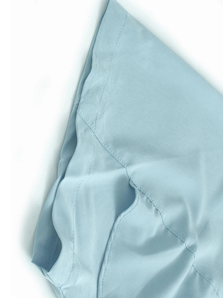 Women Blue Pleated Irregular Big Size Midi Dress New Round Neck Short Sleeve Fashion Tide Spring Summer 2025 1DJ1230