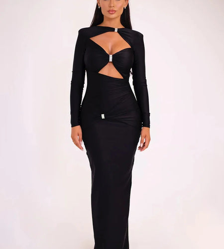 Elegant Hollow Out Long Sleeve Sexy Maxi Dress For Women Solid Color Slim Fit Cut Out Club Party Long Dress New