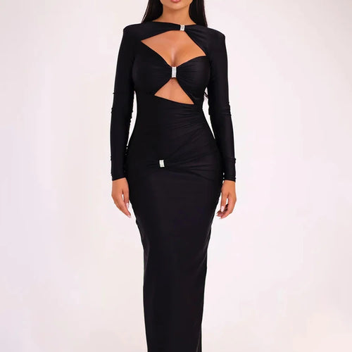 Load image into Gallery viewer, Elegant Hollow Out Long Sleeve Sexy Maxi Dress For Women Solid Color Slim Fit Cut Out Club Party Long Dress New
