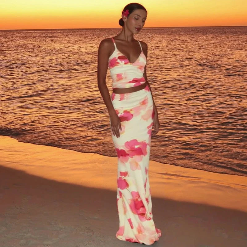 Print Sexy 2 Piece Sets Women Summer New V Neck Crop Tops And Maxi Skirt Female Elegant Club Party Slim Skirt Set