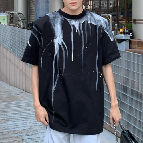 Load image into Gallery viewer, Personality Men&#39;s Top Summer Short Sleeve T-shirt Black Spray Paint Tee Pullover Niche Design Male Clothing 9C6187
