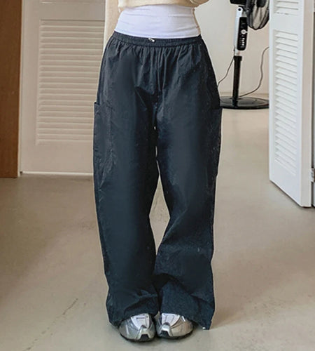 Casual Elastic Drawstring Loose Pants Women‘s Solid With Pockets Cargo Sporty Straight Leg Length Trousers Streetwear