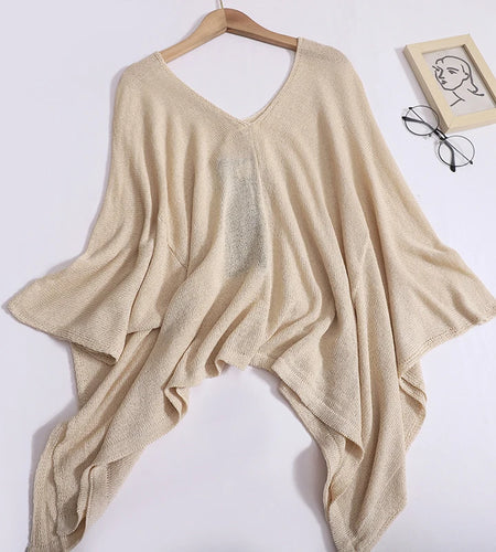 French Vintage Beige V Neck Loose Irregular Versatile Knit T Shirt Summer Women Half Sleeves Pullover Tops Casual Clothing Trend