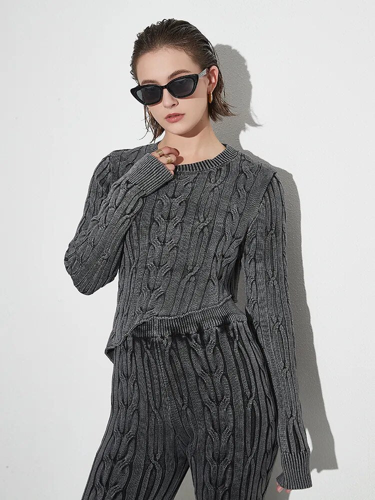 Solid Irregular Hem Knitting Sweaters For Women Round Neck Long Sleeve Minimalist Temperament Sweater Female