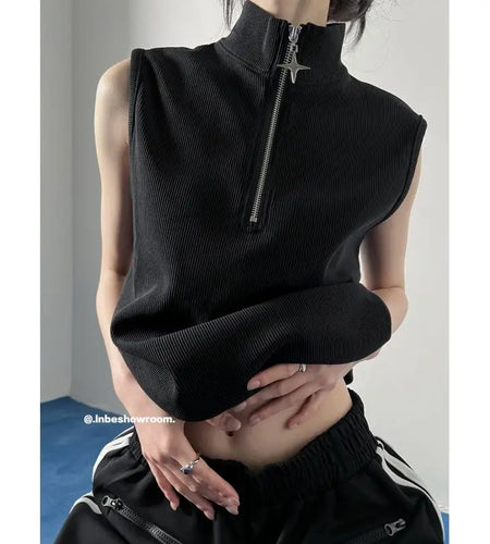 Oversized T Shirts Women Clothing Turtleneck Sleeveless Zipper Y2k Tops 2024 Ropa Mujer Summer Tees Casual Fashion Black T-shirt