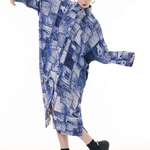 Load image into Gallery viewer, Women Blue Printed Big Size Midi Shirt Dress New Lapel Long Sleeve Loose Fit Fashion Tide Spring Autumn 2025 1DH0515
