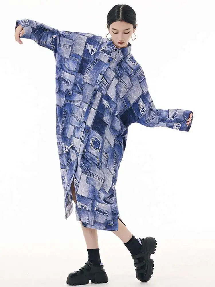 Women Blue Printed Big Size Midi Shirt Dress New Lapel Long Sleeve Loose Fit Fashion Tide Spring Autumn 2025 1DH0515