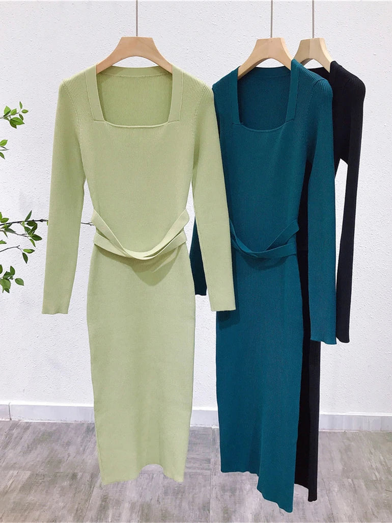 Warmsway Long Sleeve Ankle-Length Dress For Woman Square Collar Knit Long Dress Sexy Elegant Causal Solid Knitwear C-116