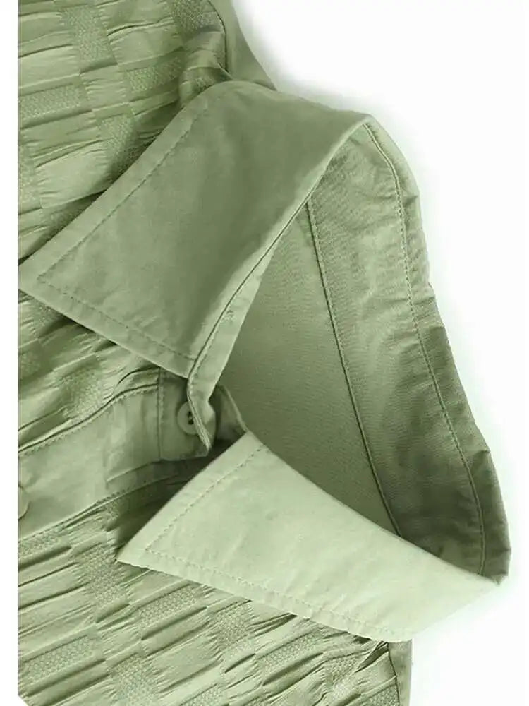 Women Green Plaid Pleated Big Size Casual Blouse New Lapel Short Sleeve Shirt Fashion Tide Spring Summer 2025 1DH6308