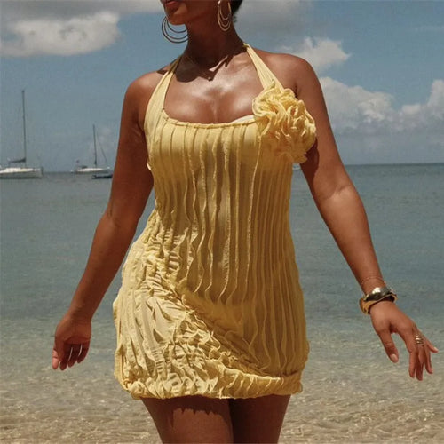 Load image into Gallery viewer, Halter Floral Pleated Sexy Mini Dress For Women Robe Fashion Sleeveless Backless Draped Club Party Dress Elegant
