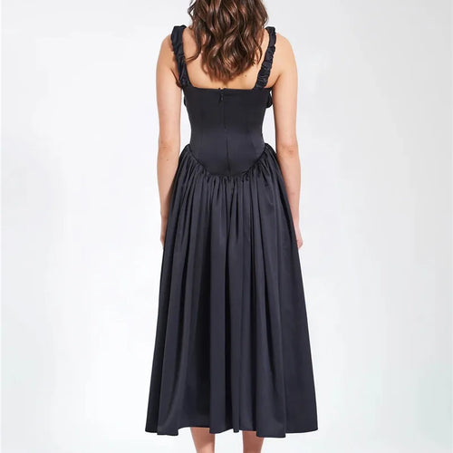 Load image into Gallery viewer, Elegant Satin Backless Midi Dress For Women High Quality Sundress Fashion Square Collar Sleeveless Loose Pleated Dress
